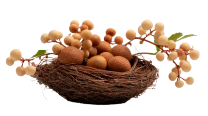 Nest Harmony: A detailed, up-close shot unveils a meticulously crafted bird's nest filled with delicate eggs, artfully adorned with natural berries.