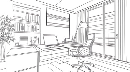 A drawing of a home office with a laptop, chair, and books