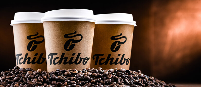 Cups of Tchibo coffee, a chain of coffee retailers and cafes