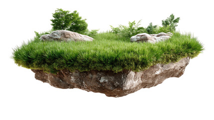 Floating Isle of Nature: A picturesque aerial scene of a grassy isle, home to life forms and earthy terrain, gracefully suspended in the sky.