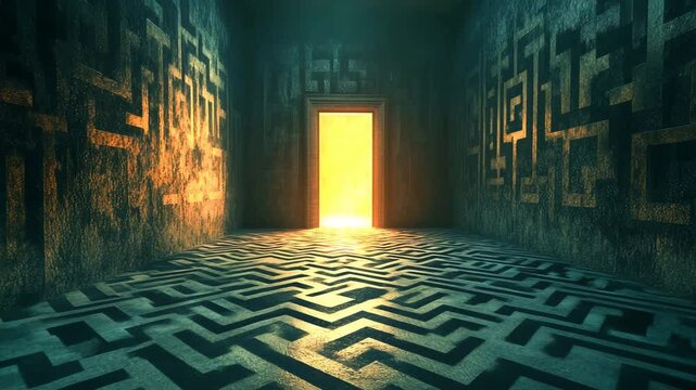 Open door shining with light in labyrinth of the mind, symbol of psychology and subconscious exploration
