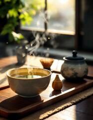 Serene Tea Time: Capturing the essence of a tranquil tea session, the image depicts a steaming cup of tea, set on a wooden tray, with soft sunlight gently illuminating the scene.