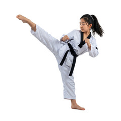 A young girl doing taekwondo kick isolated on a transparent background 