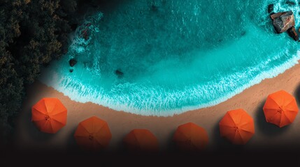 Aerial view of a tropical beach with orange umbrellas and turquoise water.