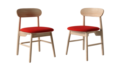 Modern Chair Duo: A contemporary perspective showcases two chairs, each blending natural wood frames with vibrant red seat cushions, offering a harmonious design element for home interiors.