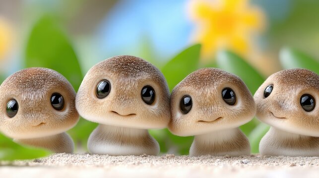 Charming mushrooms peering curiously into the lens from a forest floor in gentle daylight
