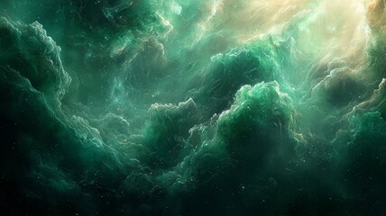 Fototapeta premium Majestic swirling green clouds illuminated by ethereal light, creating a captivating cosmic atmosphere perfect for fantasy and sci-fi themes.