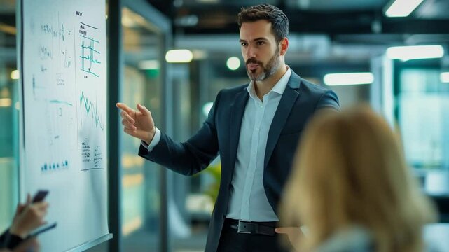 A confident businessman presents a business plan to colleagues using flipchart charts in the office, and presents a successful strategy