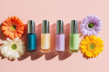 pastel skincare serum bottles with daisy flowers on pink background for clean beauty product mockup or wellness advertising