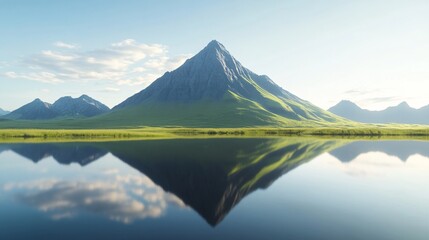 Fototapeta premium Majestic mountain reflecting in serene lake, lush greenery surrounding, perfect for nature-themed projects or relaxation.