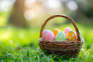 Obraz premium Festive Easter basket brimming with colorful polka dot eggs nestled in vibrant green grass bathed in soft sunlight