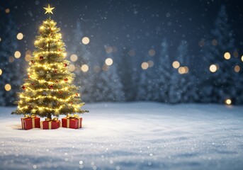 Obraz premium 静寂な夜、輝くクリスマスツリー 雪景色