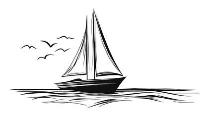 A sailboat is sailing in the ocean with a few birds flying in the background