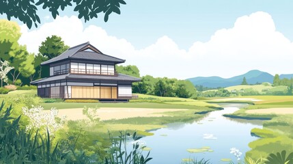 Obraz premium Serene Japanese Countryside Home by a River