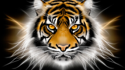 Obraz premium Intense tiger face close-up portrait with glowing light effects and luminous whiskers on black background