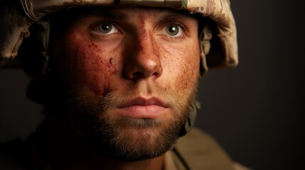 Obraz premium Close-up portrait of a soldier showing determination and resilience in their expression.