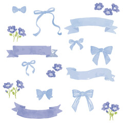 ネモフィラ青い花とリボンとリボンフレームの手描き水彩画イラストセット