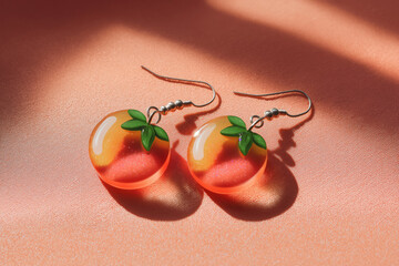 glossy peach shaped acrylic earrings on peach satin background for fruity jewelry design or playful fashion accessory