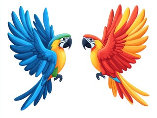 Obraz premium Two vibrant macaws, one blue and one red-orange, face each other mid-flight, wings spread wide