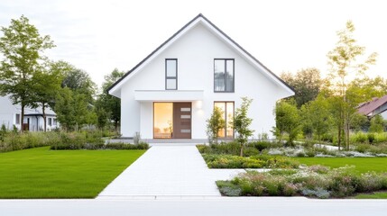 Obraz premium Modern house with landscaped yard. Spacious home with a clean, contemporary design. Well-maintained front yard featuring low-maintenance landscaping and a walkway. Ideal for modern families