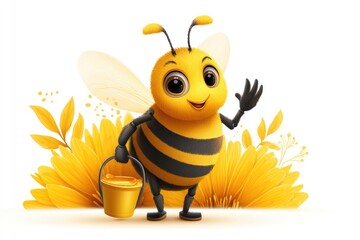 Cheerful honeybee character holding a golden bucket.