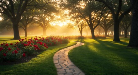 Obraz premium Pathway Through a Park with Red Roses at Sunrise