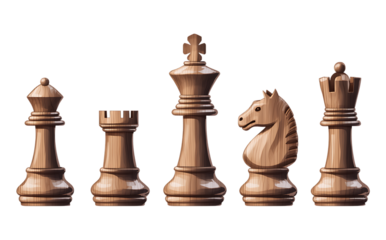 Chess pieces wooden set king queen rook knight bishop strategy game board game competition intelligence isolated on a transparent background.
