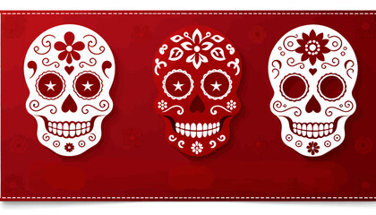 Day_of_the_Dead_Skulls_Traditional_Mexican_Dia_de_los_Muertos_Celebration_Sugar_Skull_Art_Colorful_Floral_Designs_and_Rich_Red_Background_Festive_Occasion