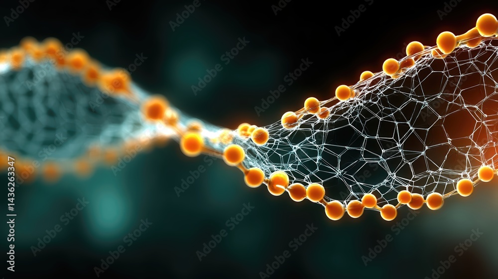 Poster exploration of molecular structures showcasing vibrant connections in a dark background