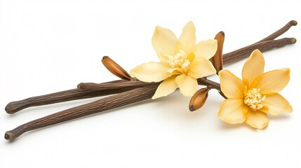 Vanilla Flower Pods and Sticks on White Background