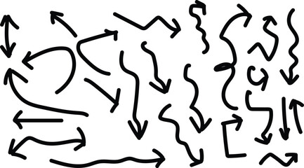Set of simple lines hand drawn black arrows in various style. Set of simple of hand drawn black arrows. Set of simple lines hand drawn black arrows. Various of simple lines arrows collection