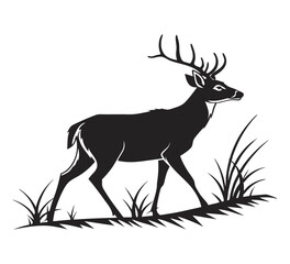 Black and white deer silhouette, a stag in a nature scene on a white background