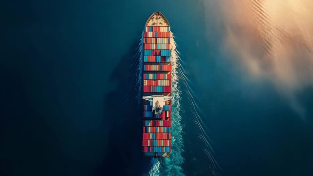 Captivating Aerial View of a Vibrant Cargo Ship Navigating Azure Waters at Sunset