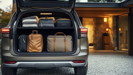 Packed SUV trunk with travel bags outside modern house