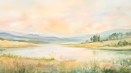 Obraz premium A painting of a lake with mountains in the background