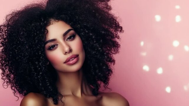 Portrait of a beautiful woman with dark curly hair and pink lipstick against soft, textured pink background with bokeh effect.