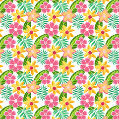 Vibrant Tropical Pattern Featuring Colorful Floral and Foliage Elements