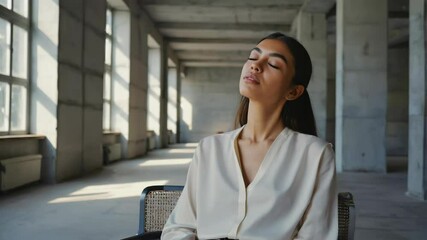 Elegant woman sits in chair with eyes closed in industrial interior bathed in sunlight, evoking tranquility, mindfulness and peace