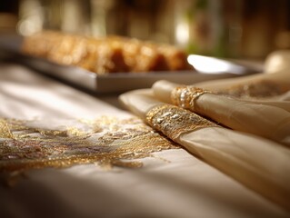 Delightful Eid sweets arranged beautifully on an elegant tray with shimmering embroidered cloth