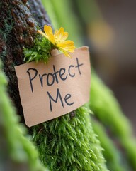 Naklejka premium Protect me note on textured tree bark surrounded by vibrant green moss and a delicate flower