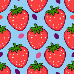 Seamless Pattern of Fresh Strawberries with Colorful Leaves on Blue Background
