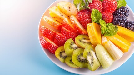 Fresh colorful fruit salad with strawberries kiwi mango blackberries blueberries and mint leaves in a white bowl on a light background
