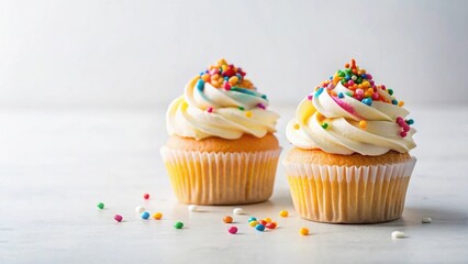 Delightful Duo of Vanilla Cupcakes Topped with Rainbow Sprinkles on a Light Surface