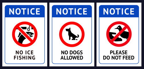 Prohibited label No dog fouling, No fishing, Do not feed birds, forbidding sticker set