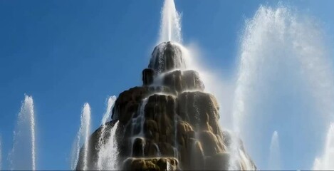 Create a grand, tiered fountain with cascading water flowing down intricate rock formations. The scene should feature multiple water jets shooting upward, creating a visually striking and dynamic . - Powered by Adobe