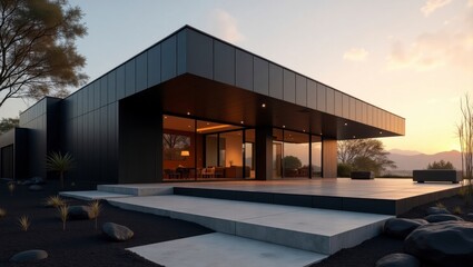 Contemporary modern house with spacious patio area surrounded by lush greenery and stylish outdoor furniture for relaxing and entertaining