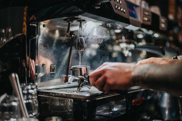 A close-up of a barista using a professional espresso machine, emphasizing craftsmanship and coffee culture.