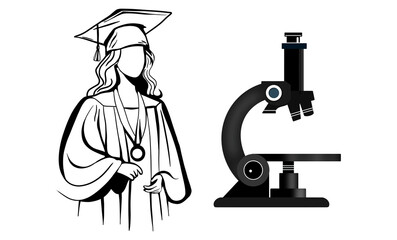 line art illustration, a black scientific microscope, a person in a graduation cap and gown with a medal, Student graduate from university, education, science, graduation, student with microscope