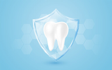 Tooth Protection Concept with Shield on Blue Background