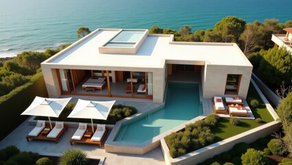 Fototapeta premium Modern coastal villa showcasing soft sandy beige stone cladding in a beautifully designed setting surrounded by nature and seaside views